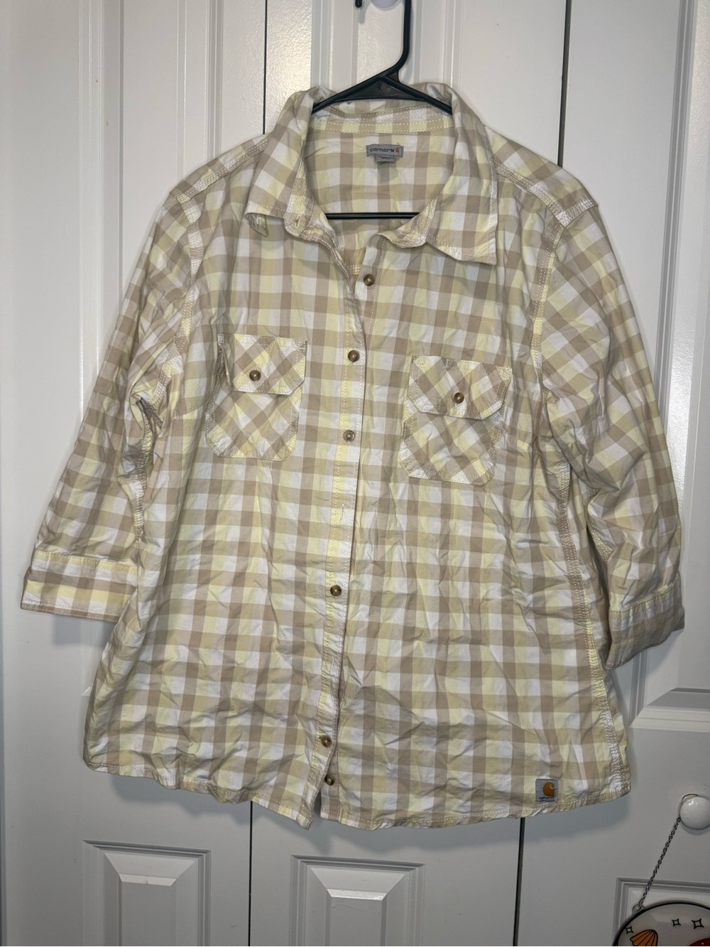 Carhartt Cream & Tan Plaid Button Down Front Women’s Shirt
